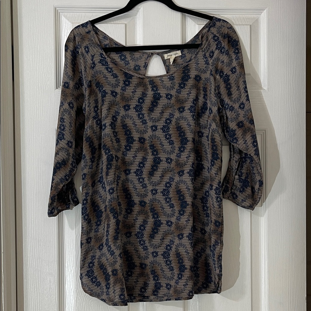 Silence + Noise Navy, Brown, and Beige Patterned 100% Silk Blouse
